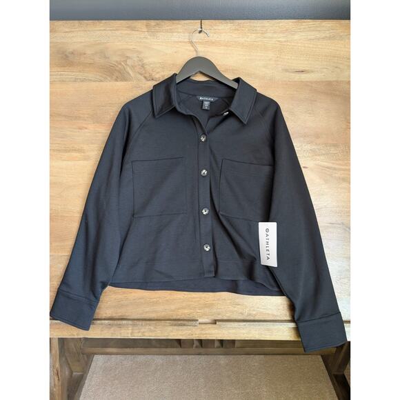 Athleta Jackets & Blazers - Athleta Allure Shirt Jacket Womens Large Black Crop Long Sleeve Button Front NWT